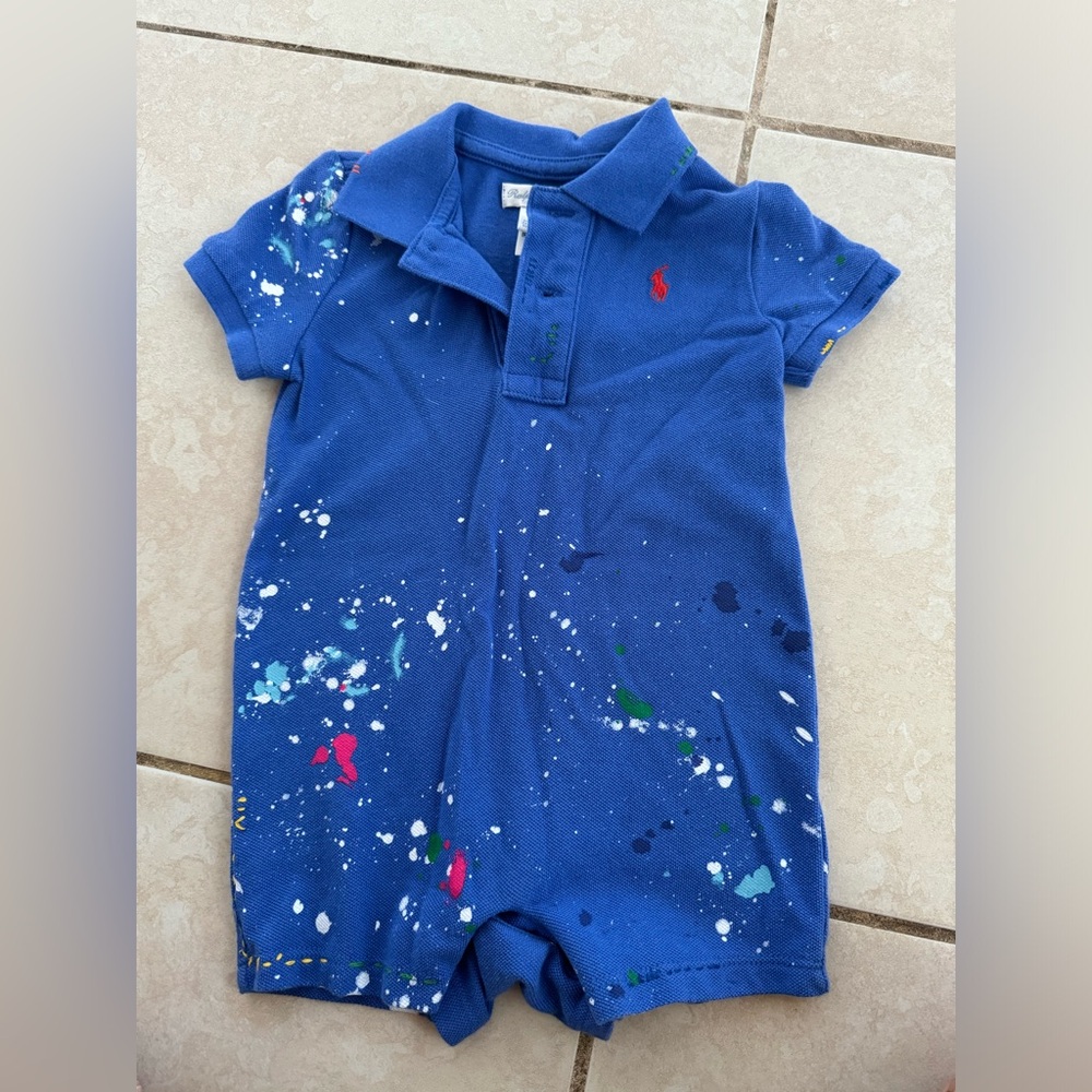 Blue Polo Romper with Paint Splatter